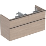 Mueble bajo Geberit serie iCon para lavabo de dos senos, con cuatro cajones: Ancho de lavabo=120cm, H=61.5cm, Cuerpo y frontal: encina/melamina con textura de madera, Tirador: lava/con pintura polvo al horno mate